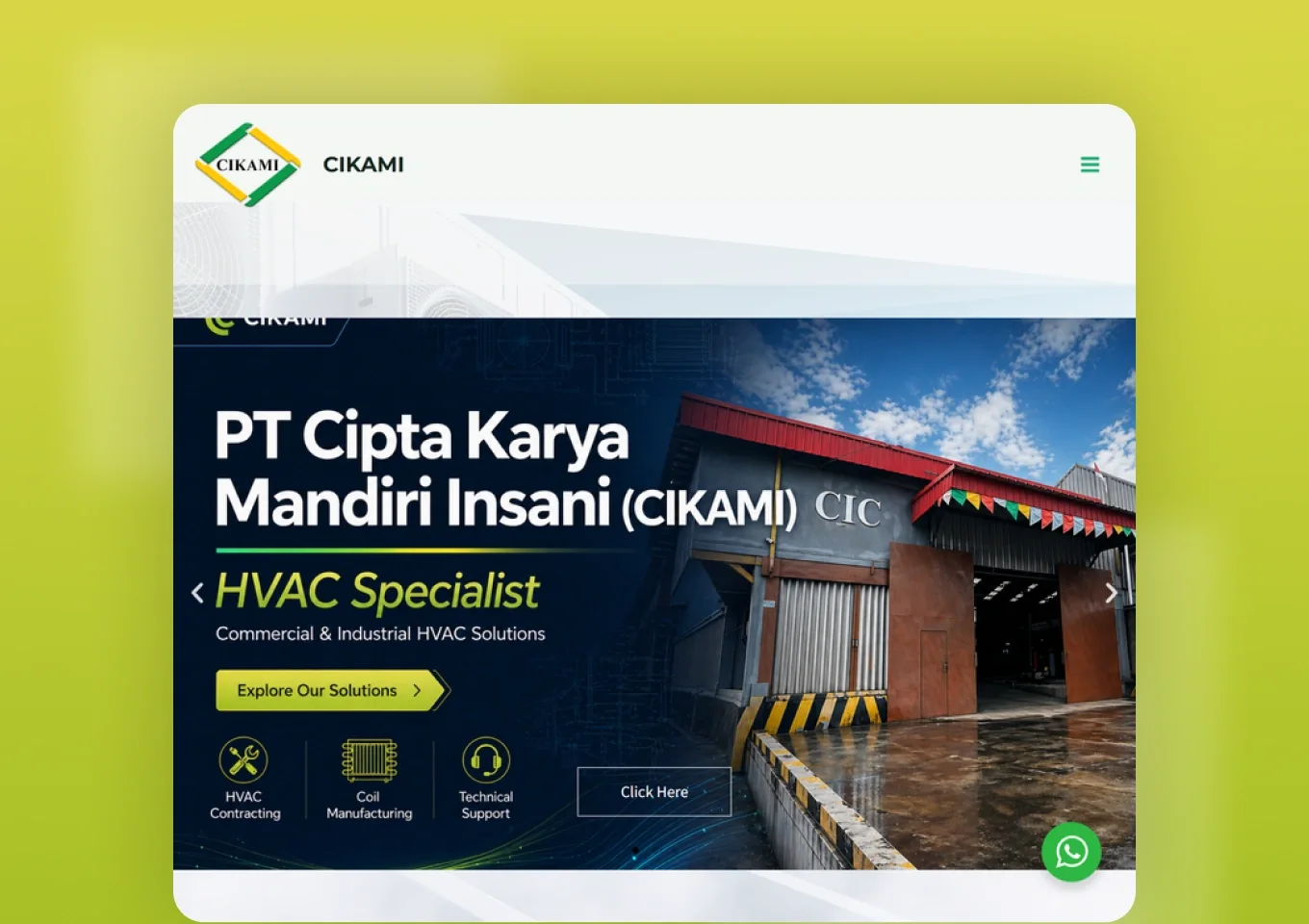 Beranda situs CIKAMI dengan hero bergambar pabrik dan tiga pintu masuk lini usaha