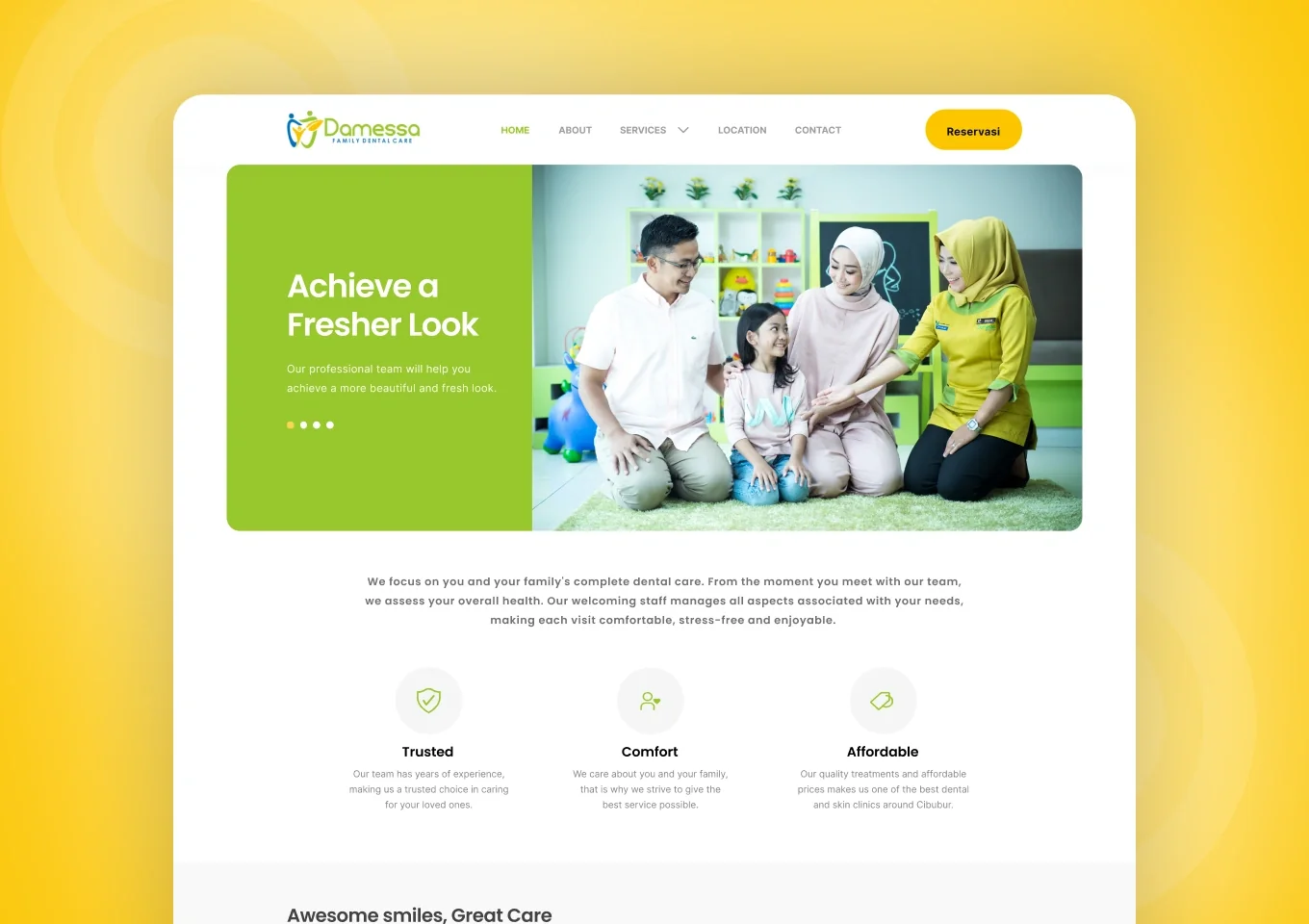 Beranda situs Damessa Family Dental Care dengan hero perawatan gigi keluarga dan tiga nilai layanan