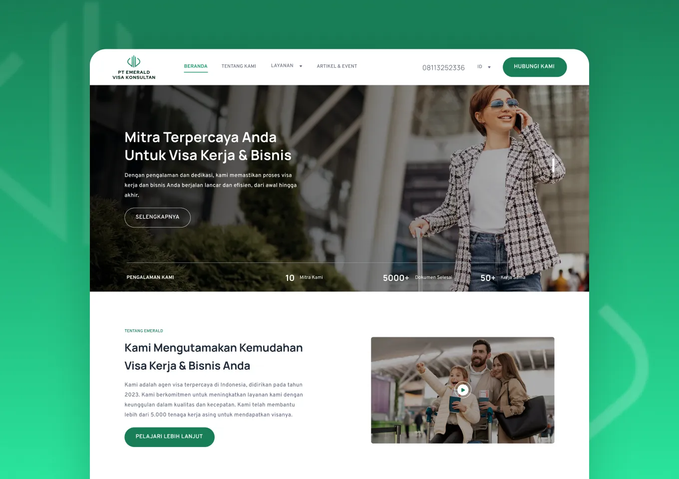 Beranda situs Emerald Visa Konsultan dengan hero layanan visa kerja dan bisnis serta bagian tentang perusahaan