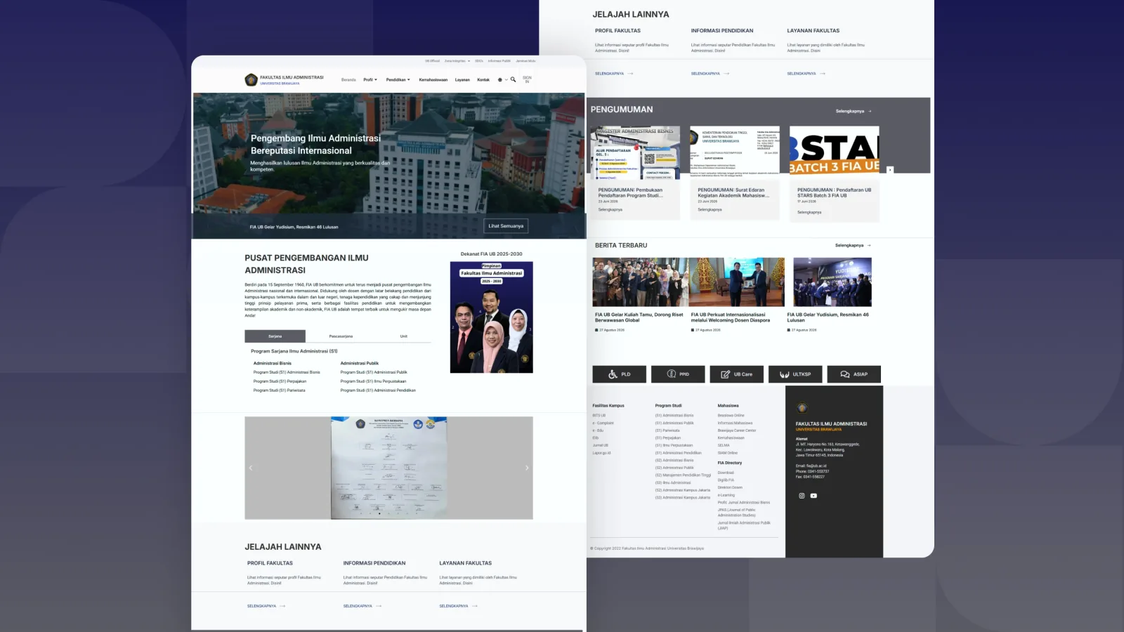 Beranda FIA UB dengan hero kampus, daftar program studi bertab, dan bagian pengumuman serta berita terbaru, beserta footer berisi tautan layanan akademik