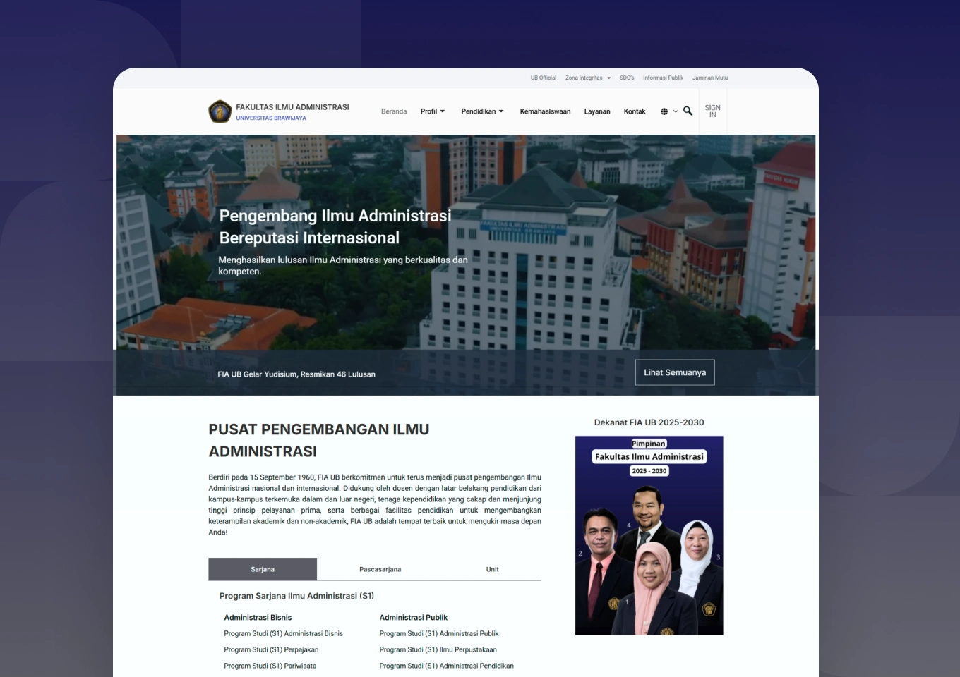 Beranda situs FIA UB dengan hero kampus dan bagian pusat pengembangan ilmu administrasi