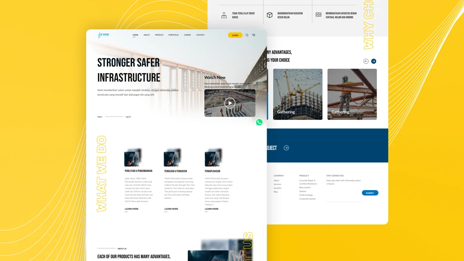 Beranda dengan hero bervideo dan tiga kartu tahapan kerja, di sebelahnya butir keunggulan produk, carousel kegiatan, dan bagian proyek beserta footer situs