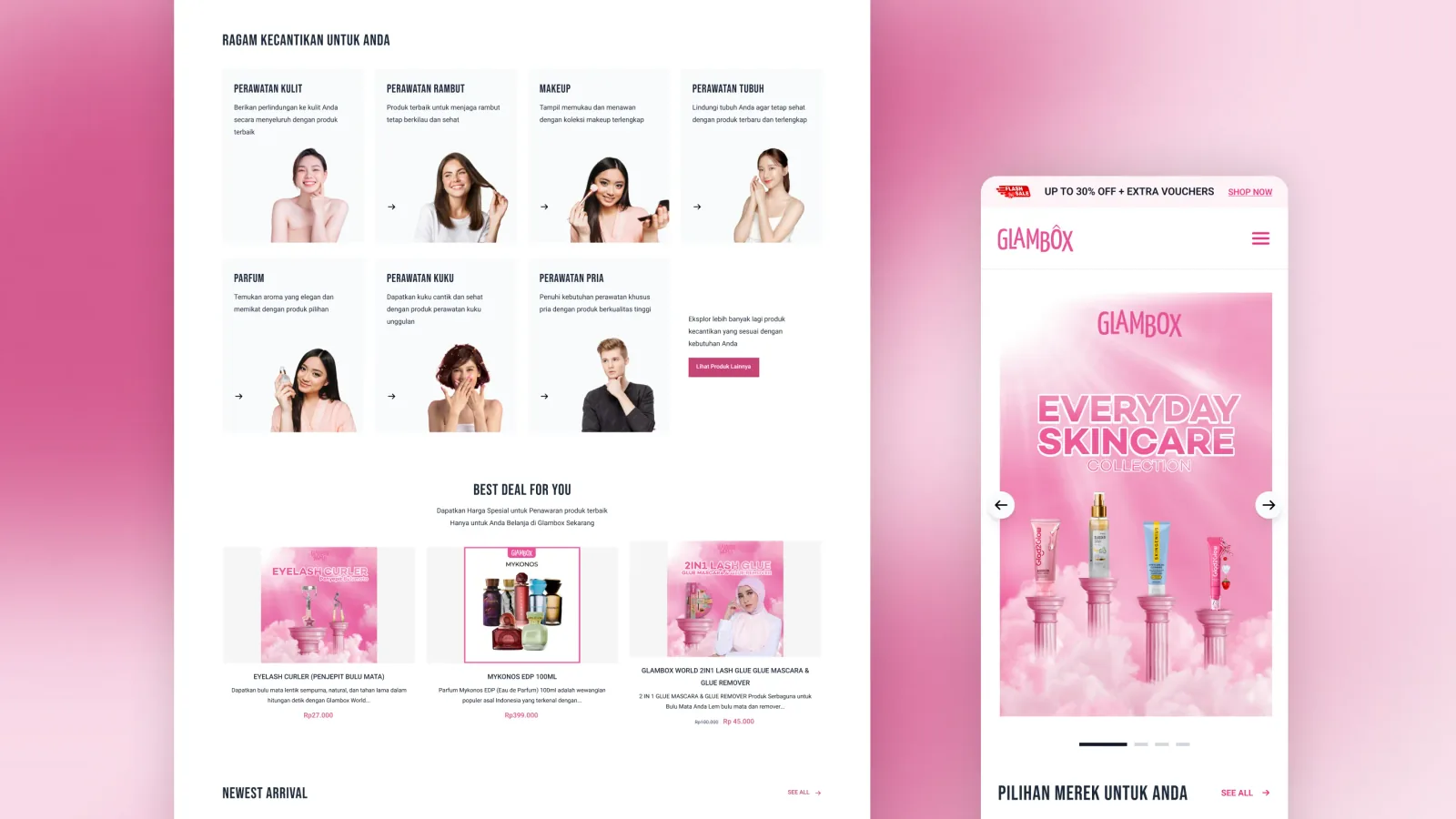 Bagian kategori perawatan dan best deal di beranda Glambox, beserta tampilan versi ponsel