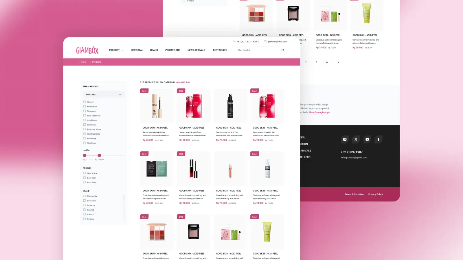 Halaman katalog Glambox dengan panel penyaring kategori, harga, dan merek, beserta footer situs