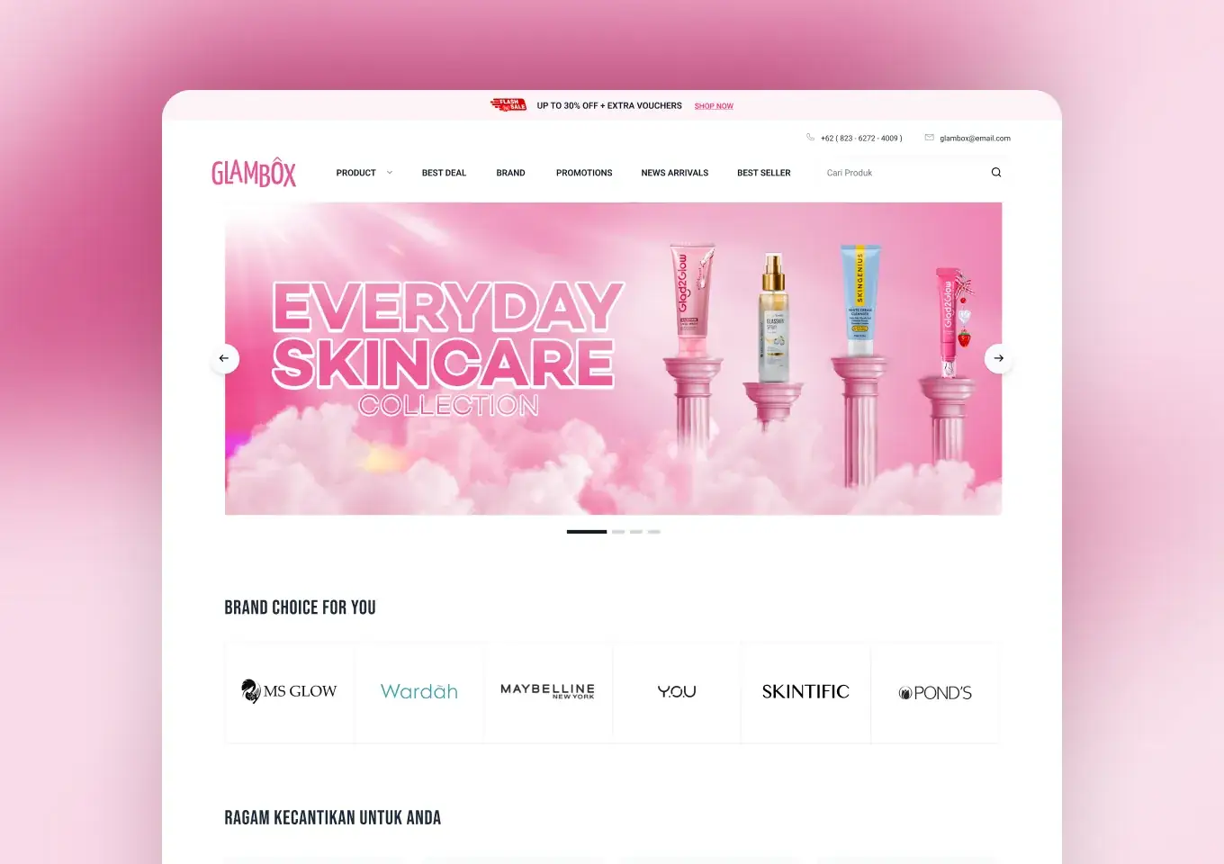 Beranda Glambox dengan banner promo, pilihan merek, dan kategori produk