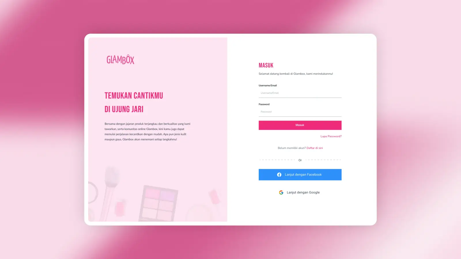 Halaman masuk Glambox dengan formulir akun dan opsi masuk lewat Facebook dan Google