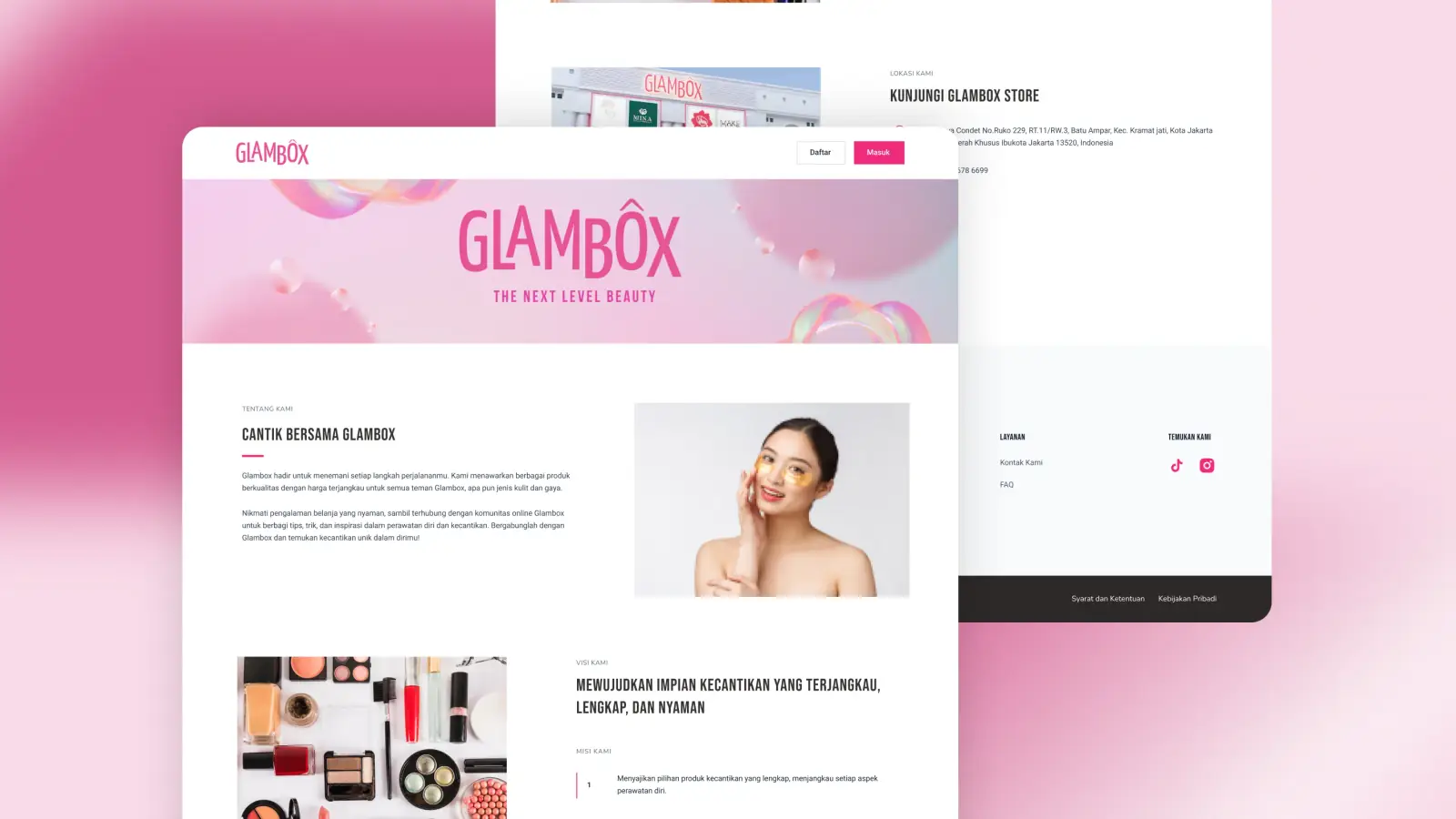 Halaman tentang Glambox beserta lokasi toko dan footer situs