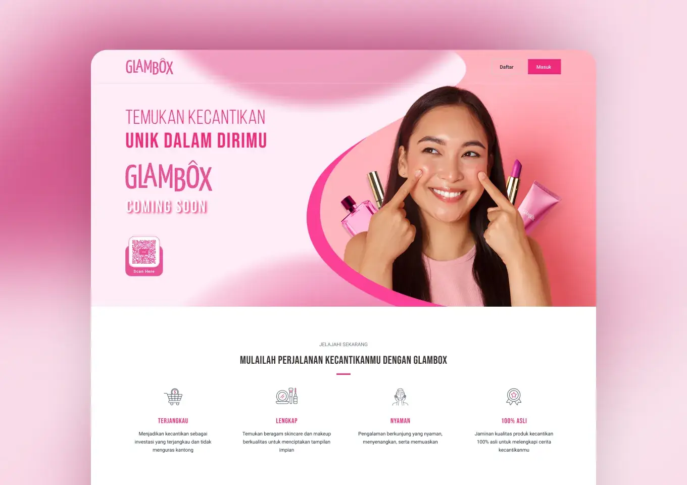 Halaman pra-peluncuran Glambox dengan empat alasan bergabung dan kode QR