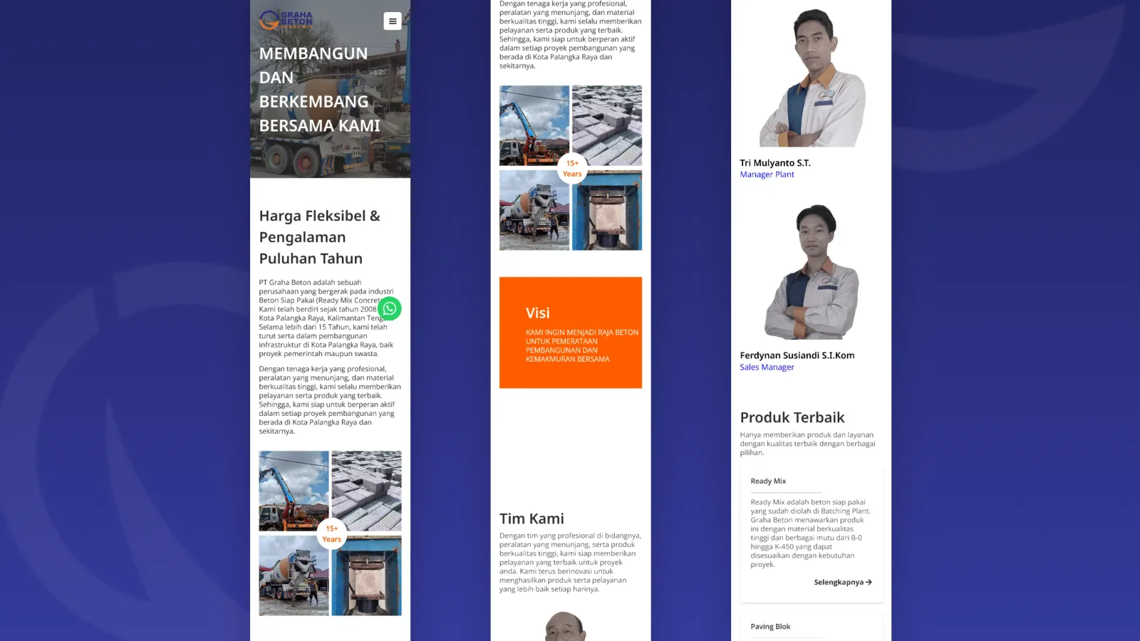 Tiga tampilan versi ponsel: halaman profil dengan kisi foto lapangan berlencana lama beroperasi, blok visi perusahaan, dan susunan tim beserta kartu produk