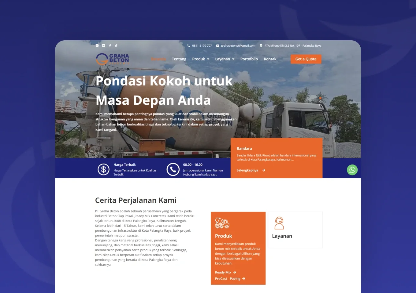 Beranda situs PT Graha Beton dengan hero bergambar truk molen dan kartu proyek bandara di atasnya