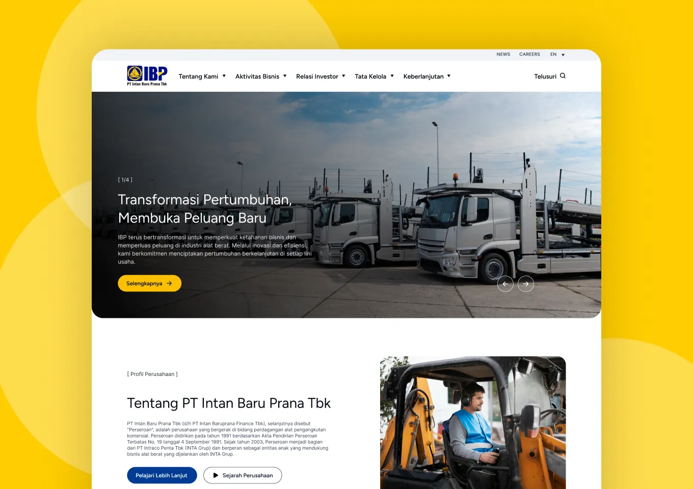 Beranda situs PT Intan Baru Prana Tbk dengan hero carousel dan bagian profil perusahaan