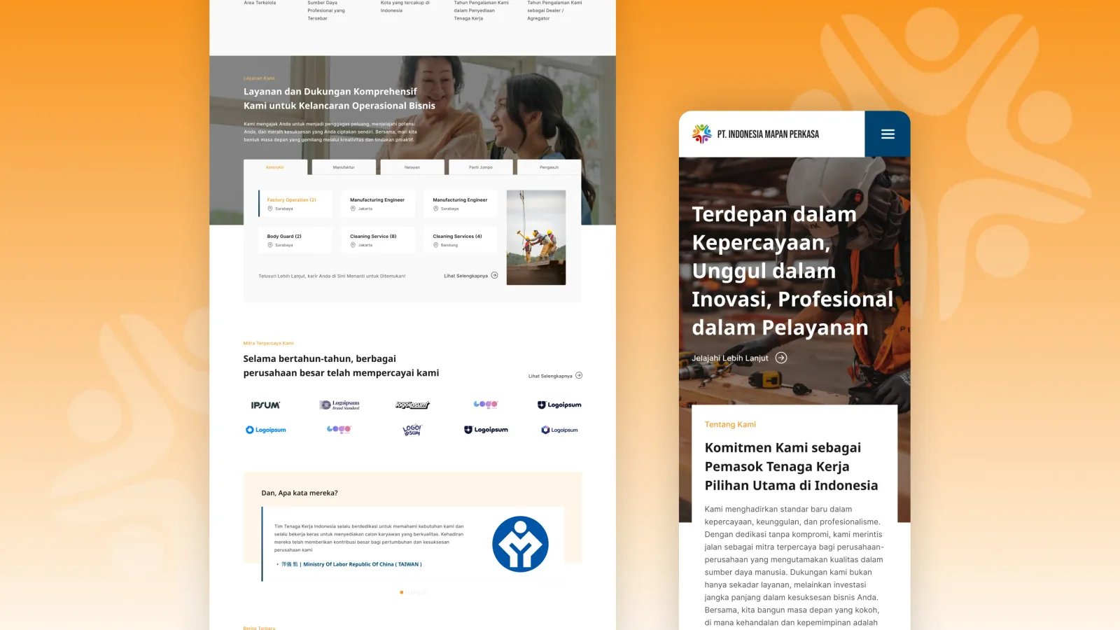 Bagian layanan dengan tab lowongan per sektor, deretan logo mitra, dan kutipan klien, dengan tampilan versi ponsel di sebelahnya