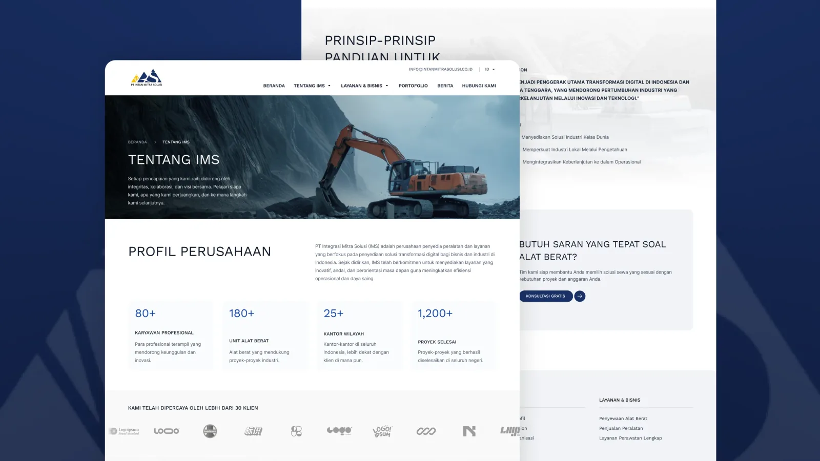 Halaman Tentang IMS berisi profil perusahaan dan empat kartu angka, di belakangnya halaman prinsip panduan beserta ajakan konsultasi dan footer situs