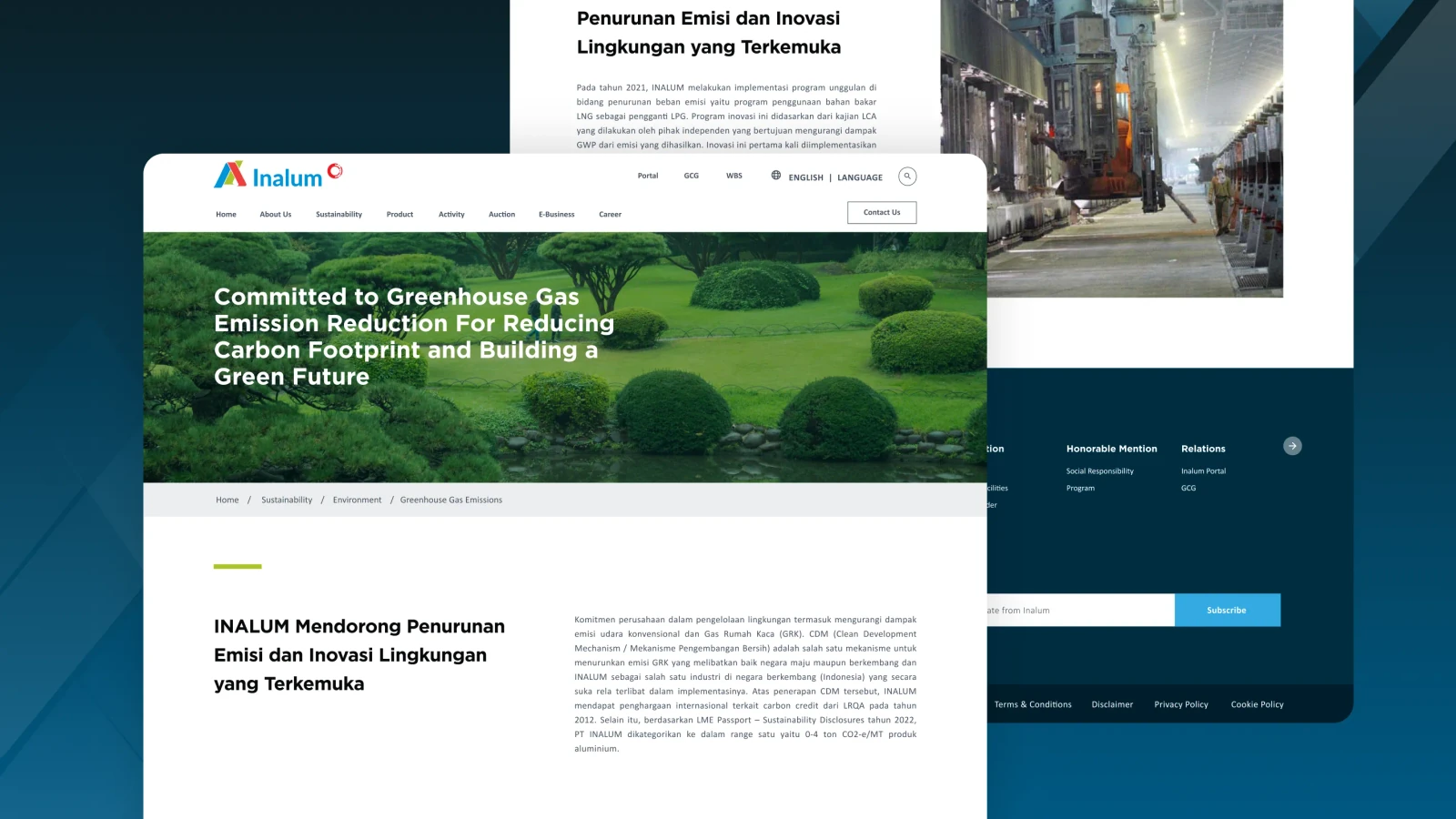 Halaman emisi gas rumah kaca versi bahasa Inggris beserta footer situs INALUM
