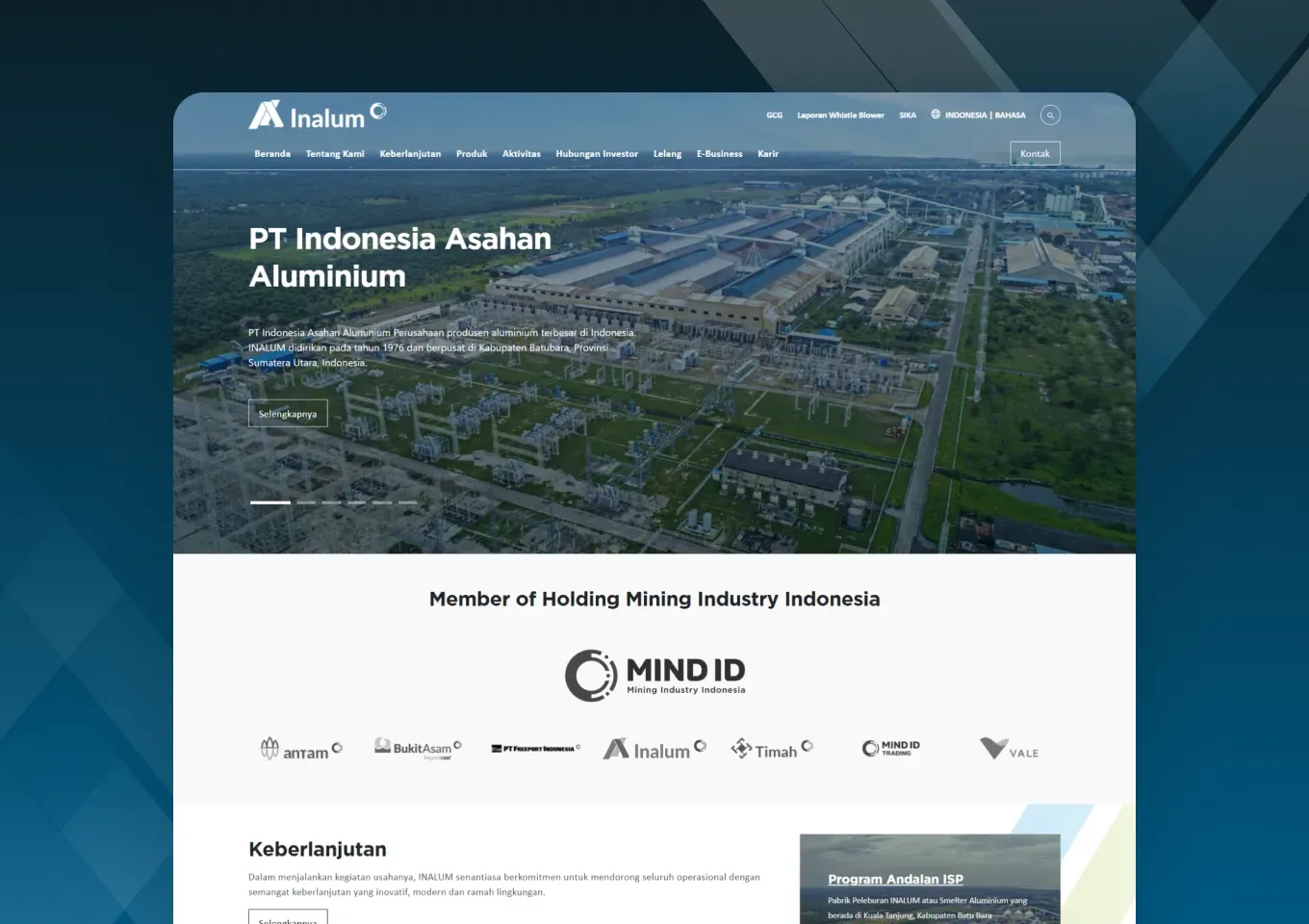 Beranda situs INALUM dengan hero profil perusahaan dan baris anggota MIND ID