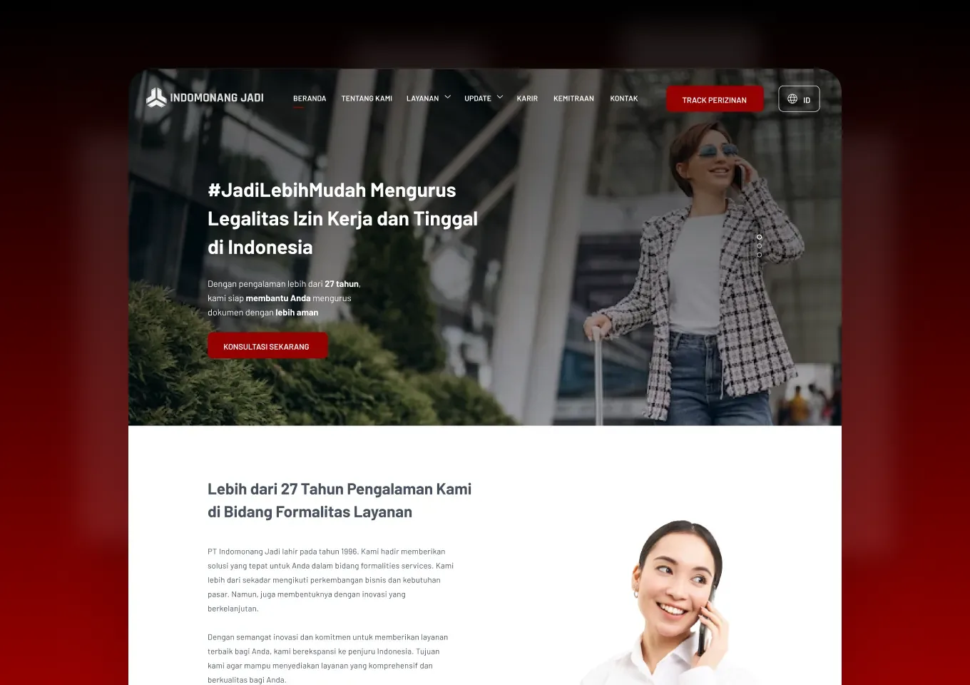 Beranda situs Indomonang Jadi dengan hero izin kerja dan tinggal serta pengantar perusahaan