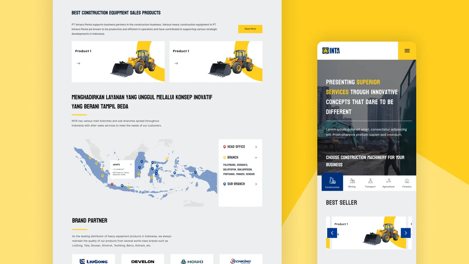 Bagian produk unggulan, peta jaringan cabang, dan merek prinsipal di beranda Intraco Penta, beserta tampilan versi ponsel