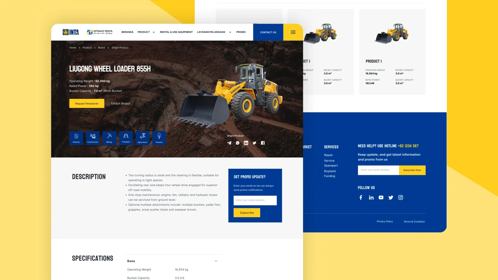 Halaman produk LiuGong Wheel Loader dengan spesifikasi utama, deskripsi, dan tabel spesifikasi, beserta footer situs