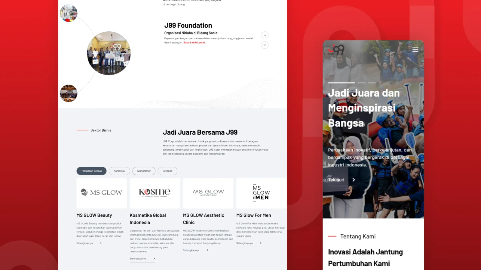 Section J99 Foundation dan daftar unit bisnis yang bisa disaring per sektor, beserta tampilan versi ponsel