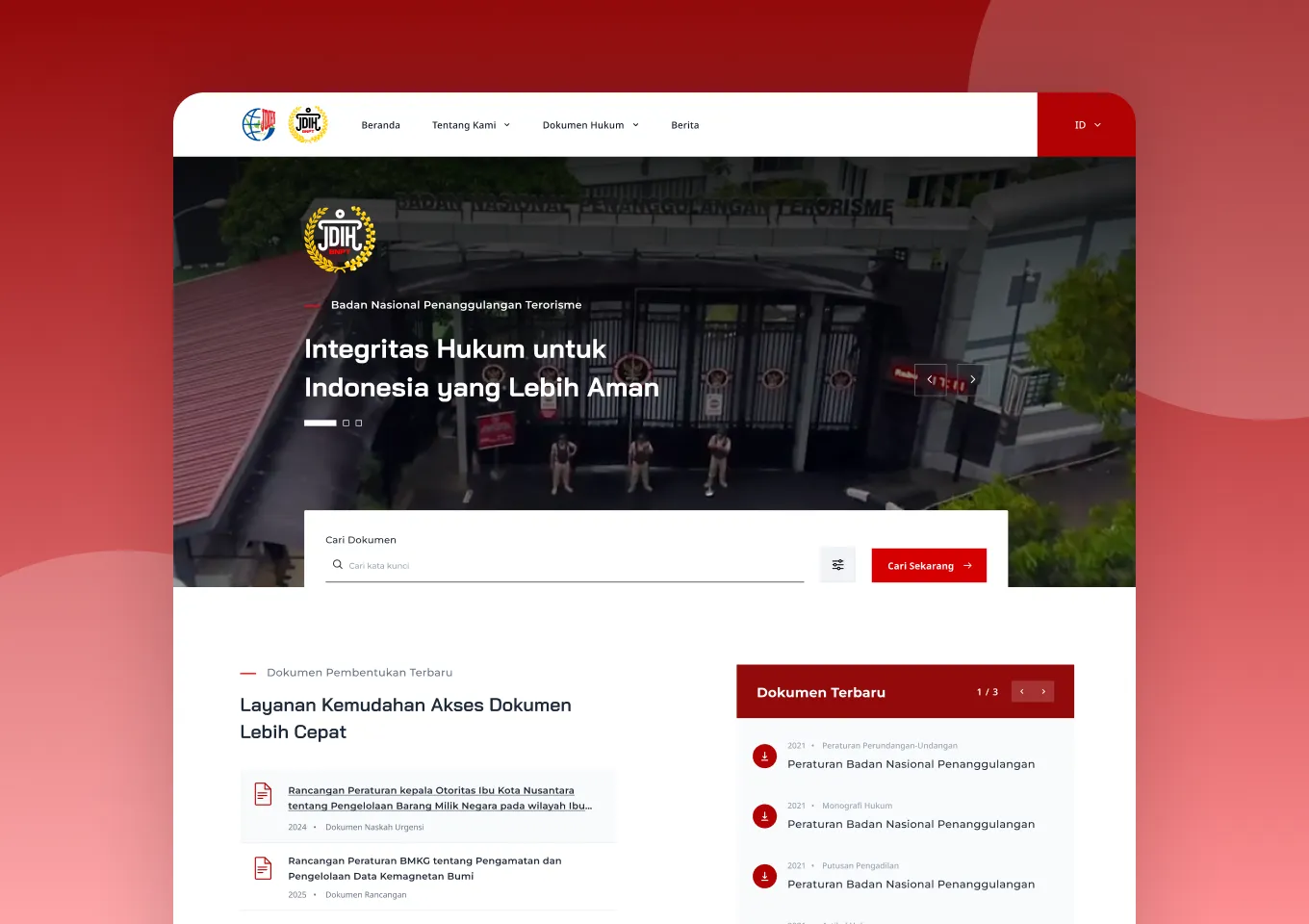 Beranda portal JDIH BNPT dengan hero gedung kantor, kotak pencarian dokumen, dan daftar dokumen terbaru