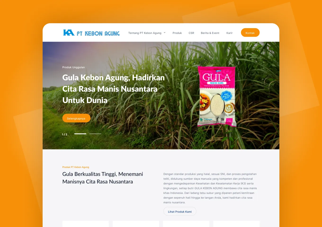 Beranda situs PT Kebon Agung dengan hero produk gula di ladang tebu dan bagian produk di bawahnya