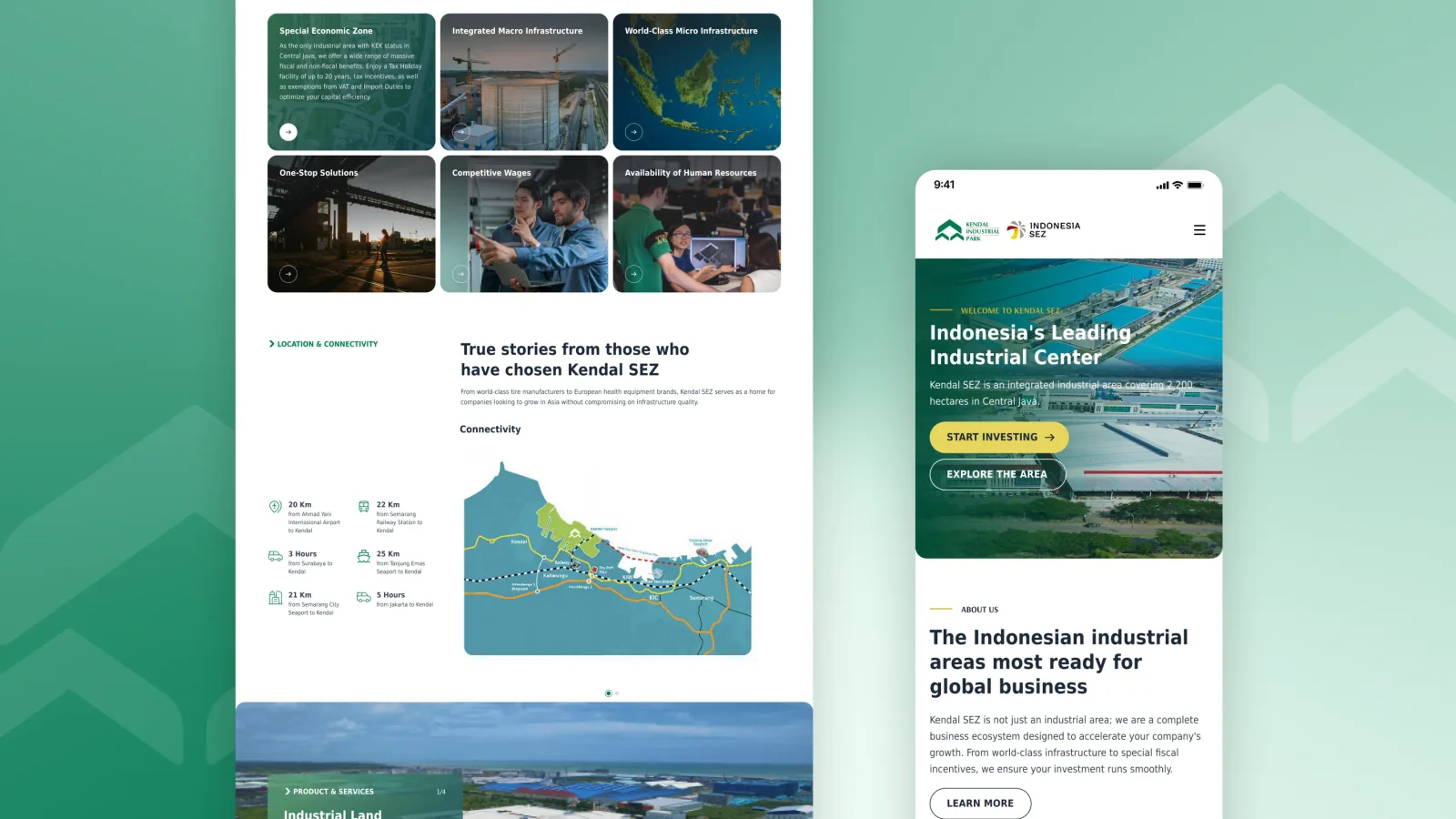 Kartu keunggulan kawasan, kisah penyewa, dan peta konektivitas beserta jarak ke bandara, stasiun, dan pelabuhan, dengan tampilan versi ponsel di sebelahnya