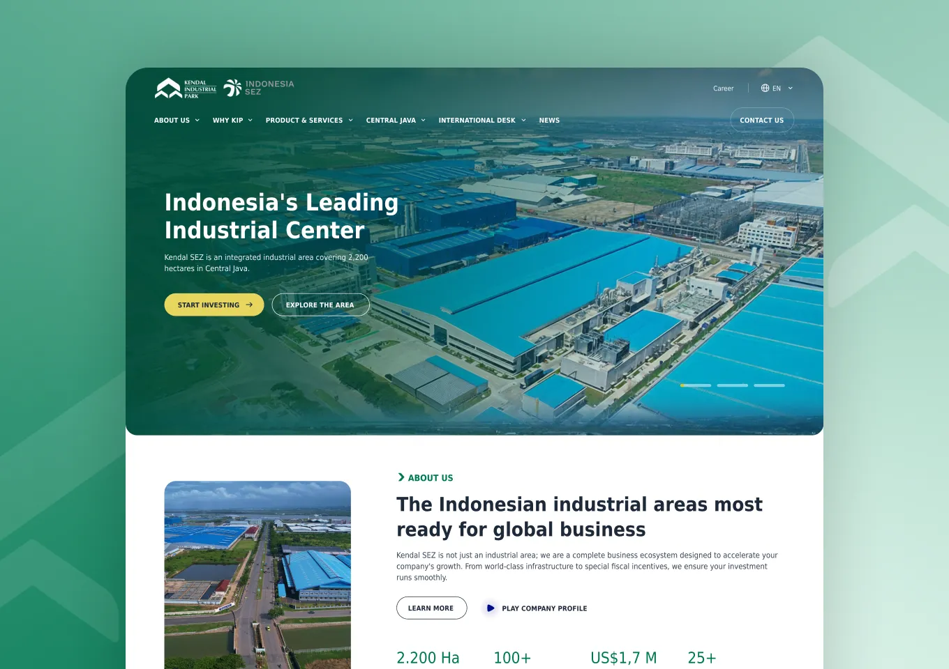 Beranda Kendal Industrial Park dengan hero kawasan industri dan bagian tentang kawasan
