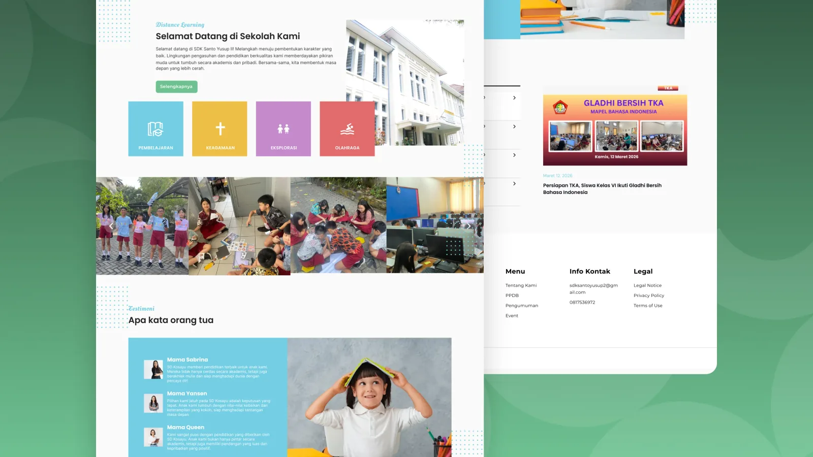 Bagian sambutan sekolah dengan empat bidang kegiatan, galeri foto siswa, dan testimoni orang tua, di sebelahnya daftar pengumuman beserta footer situs