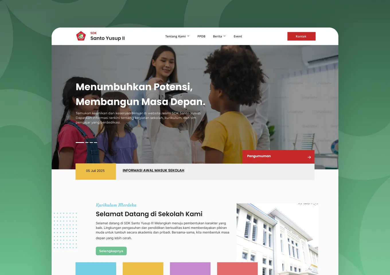 Beranda situs SDK Santo Yusup II dengan hero kegiatan belajar, pita pengumuman, dan bagian sambutan sekolah