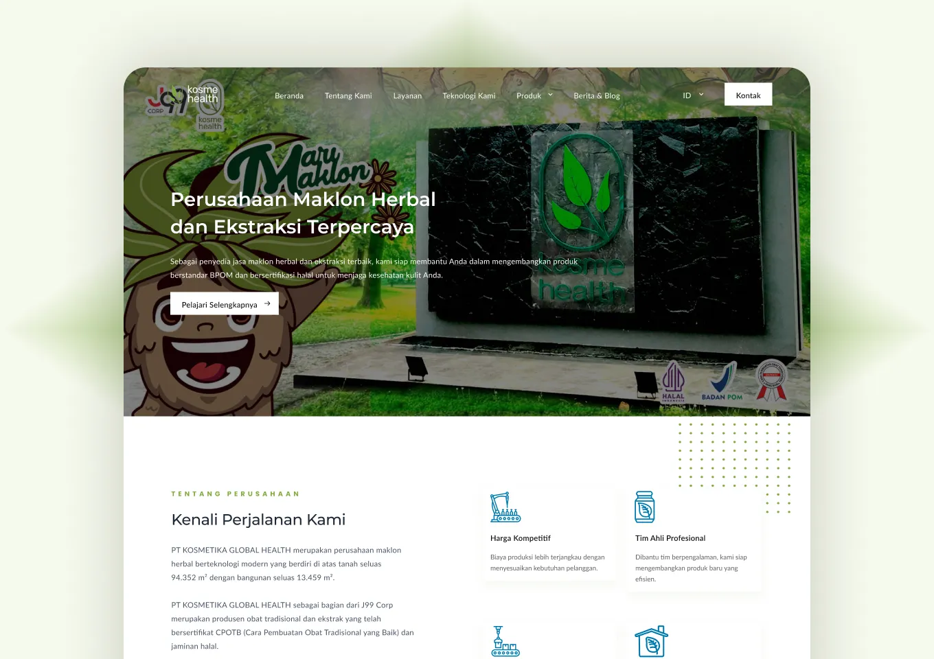 Beranda situs Kosme Health dengan hero jasa maklon herbal dan bagian profil perusahaan