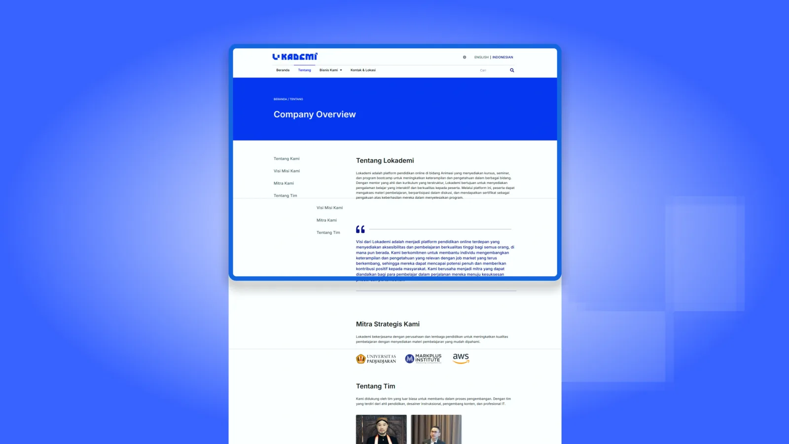Halaman profil perusahaan dengan navigasi bagian di kolom kiri, teks tentang lembaga dan visi, logo mitra kerja sama, serta bagian susunan tim