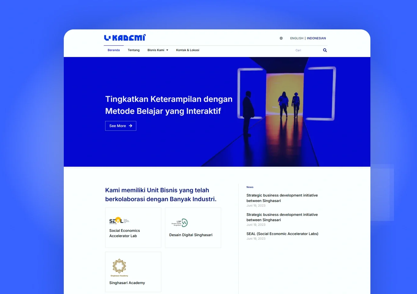Beranda situs Lokademi dengan hero pembelajaran interaktif dan kartu tiga unit bisnis