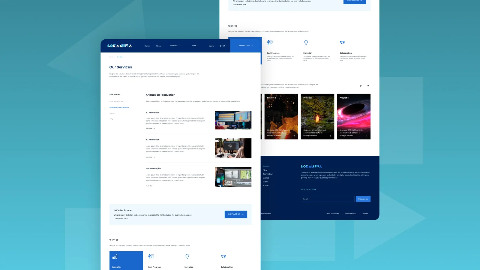 Halaman layanan dengan daftar lini di kolom kiri dan rincian produksi animasi di kolom kanan, di sebelahnya bagian alasan memilih beserta footer situs