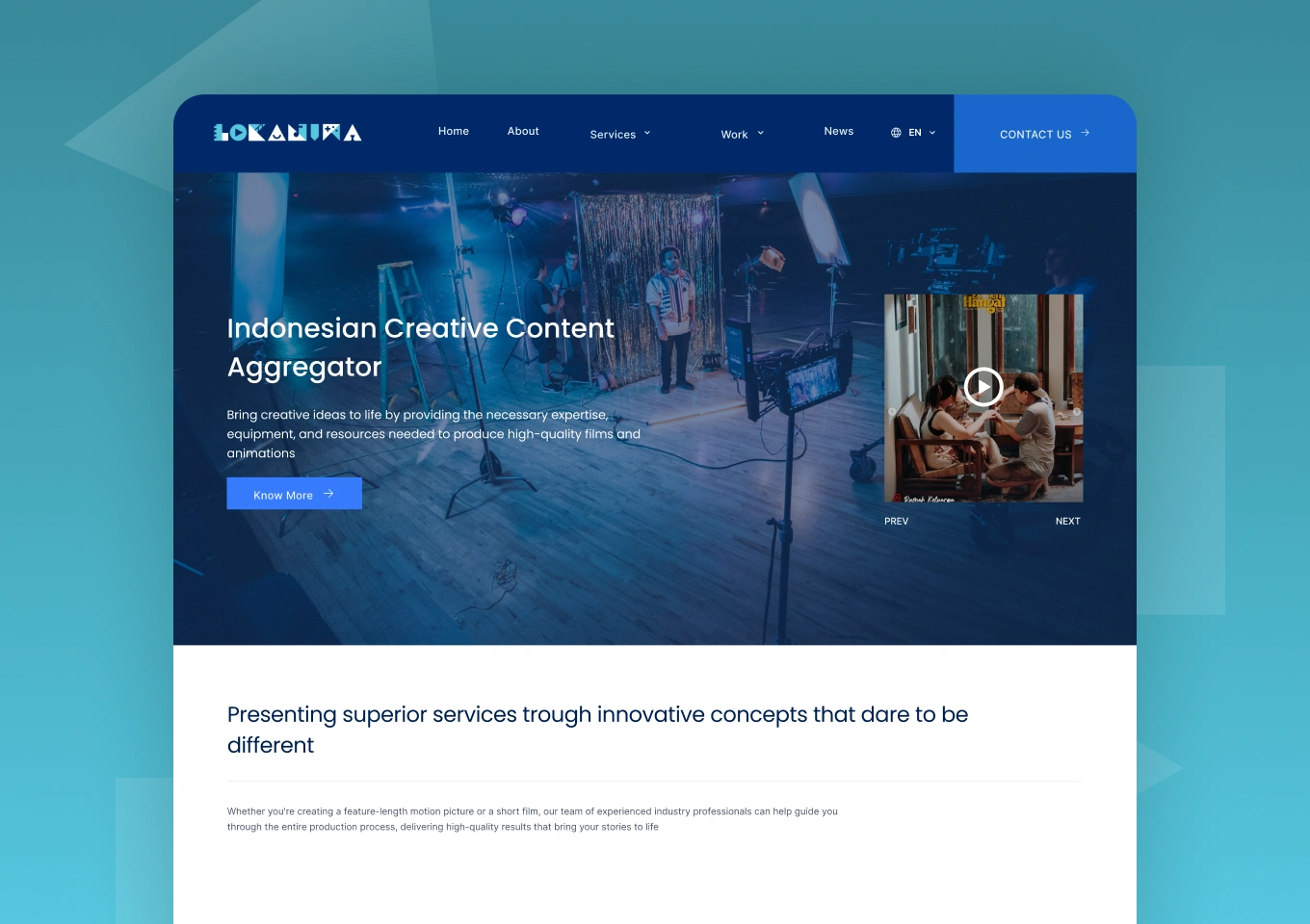 Beranda situs Lokanima dengan hero studio kreatif dan bagian layanan produksi