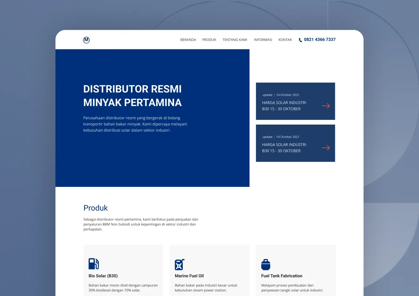 Beranda situs solarindustri.com dengan hero distributor resmi dan tiga kartu produk bahan bakar