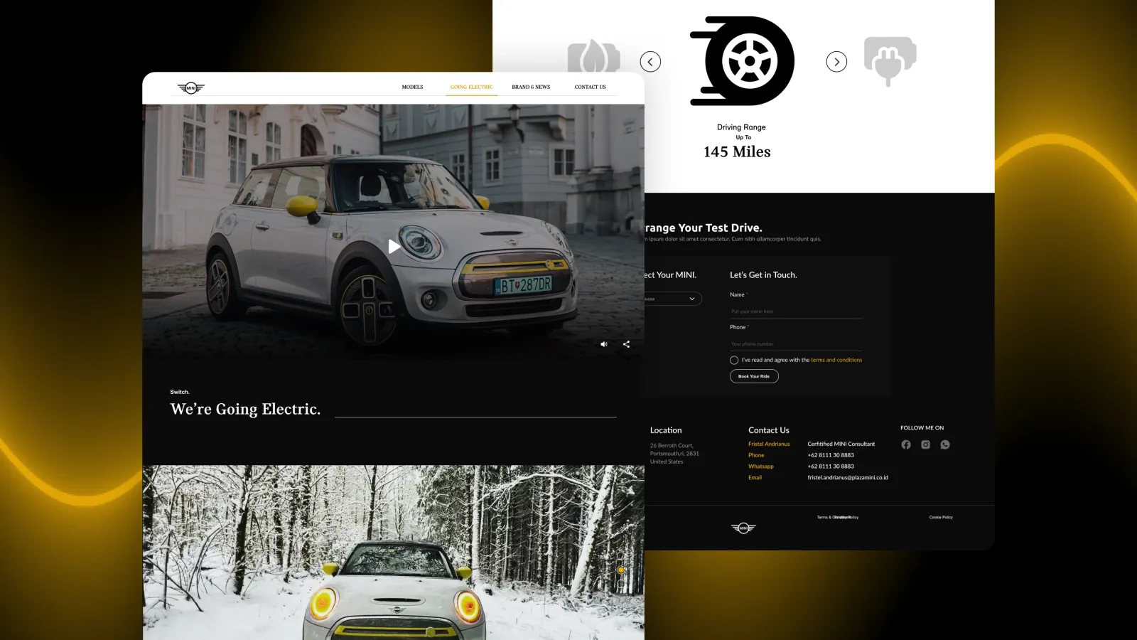 Halaman mobil listrik dengan video model dan kartu jarak tempuh bergeser, di sebelahnya bagian penjadwalan test drive beserta footer berisi kontak konsultan