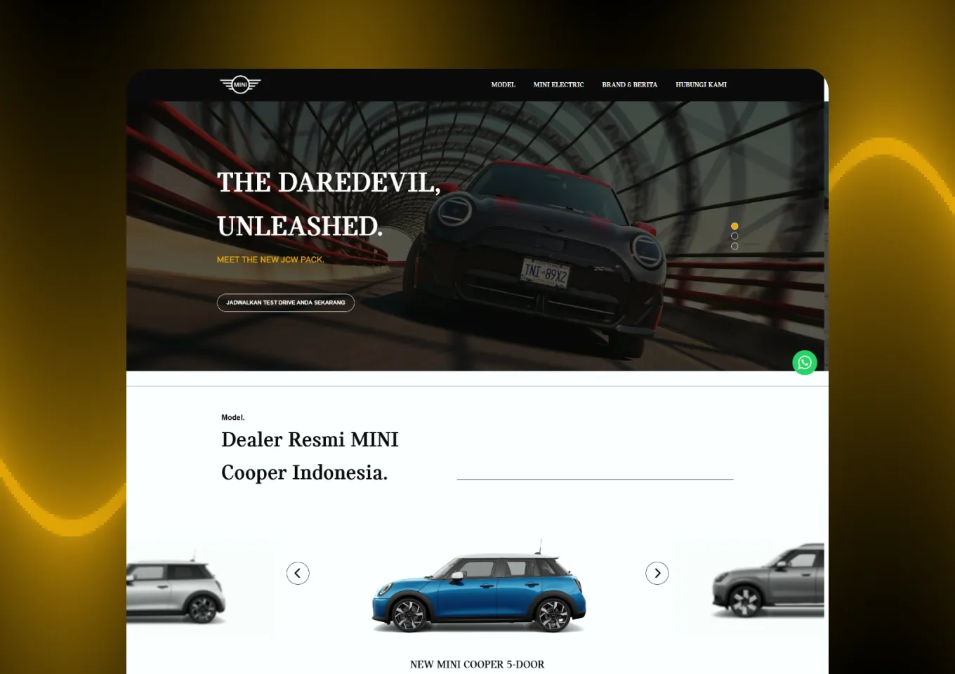 Beranda situs dealer resmi MINI dengan hero carousel dan bagian daftar model