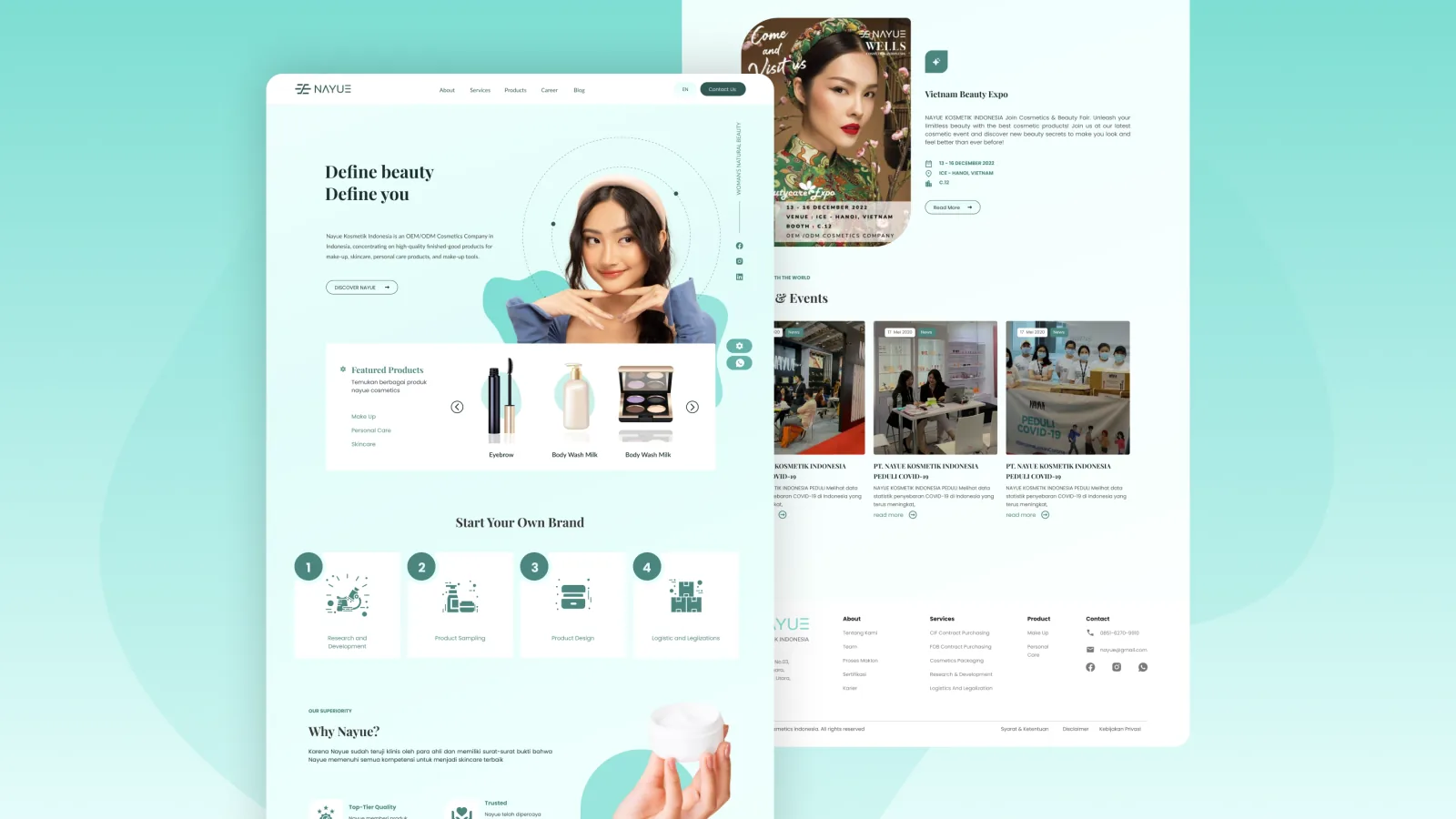 Beranda dengan hero merek kosmetik, katalog produk unggulan berkategori, dan empat langkah membangun merek sendiri, di sebelahnya kanal kabar berisi pameran dagang serta footer situs