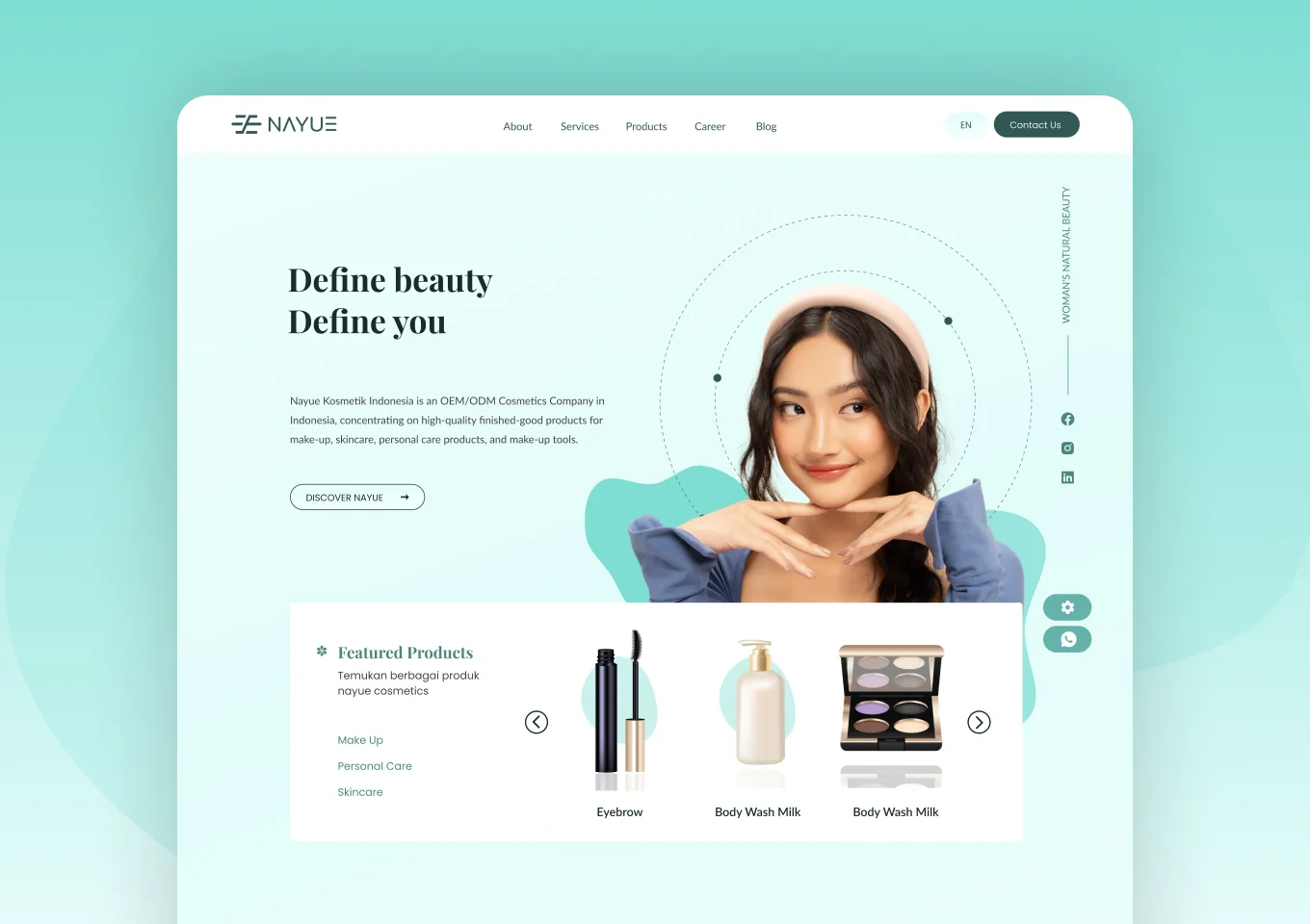 Beranda situs Nayue dengan hero merek kosmetik dan bagian produk unggulan