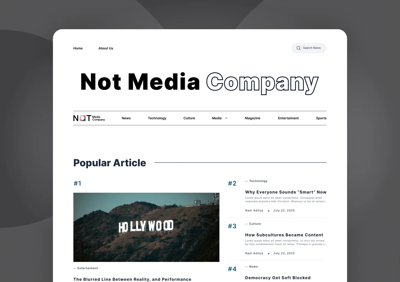 Beranda portal Not Media Company dengan judul besar, navigasi kanal, dan daftar tulisan populer bernomor
