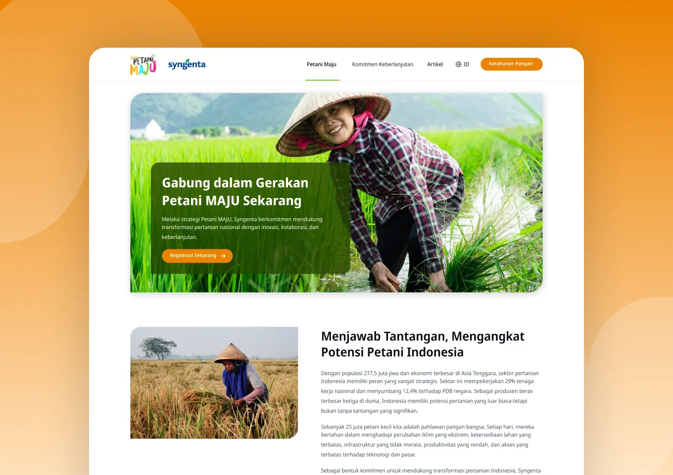 Beranda situs Petani MAJU dengan hero ajakan bergabung dan bagian latar belakang program