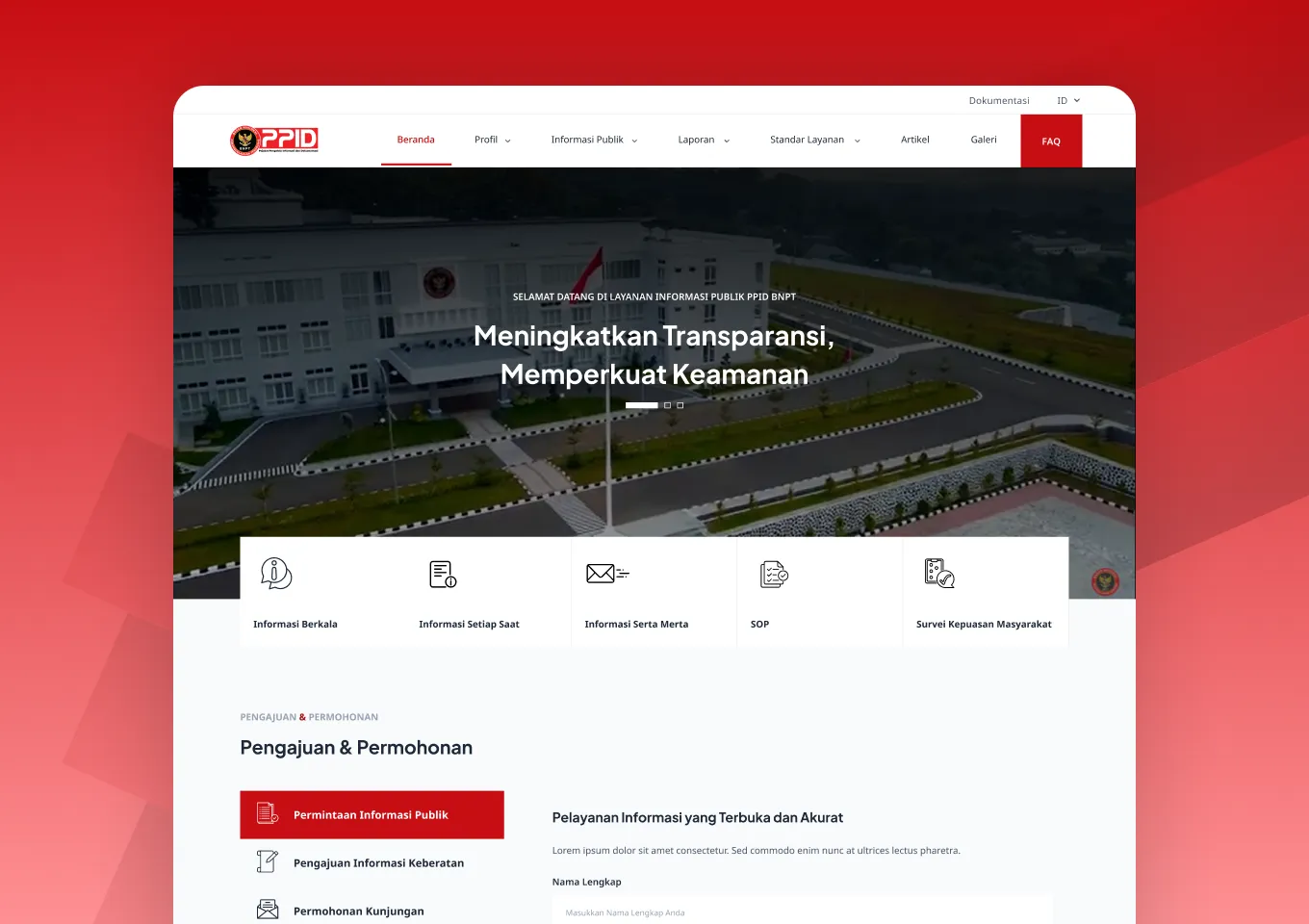 Beranda portal PPID BNPT dengan hero gedung kantor, enam pintu layanan, dan formulir permintaan informasi publik