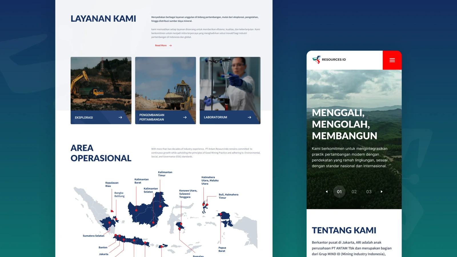 Section Layanan Kami dan peta Area Operasional di situs Resources ID, beserta tampilan beranda versi ponsel