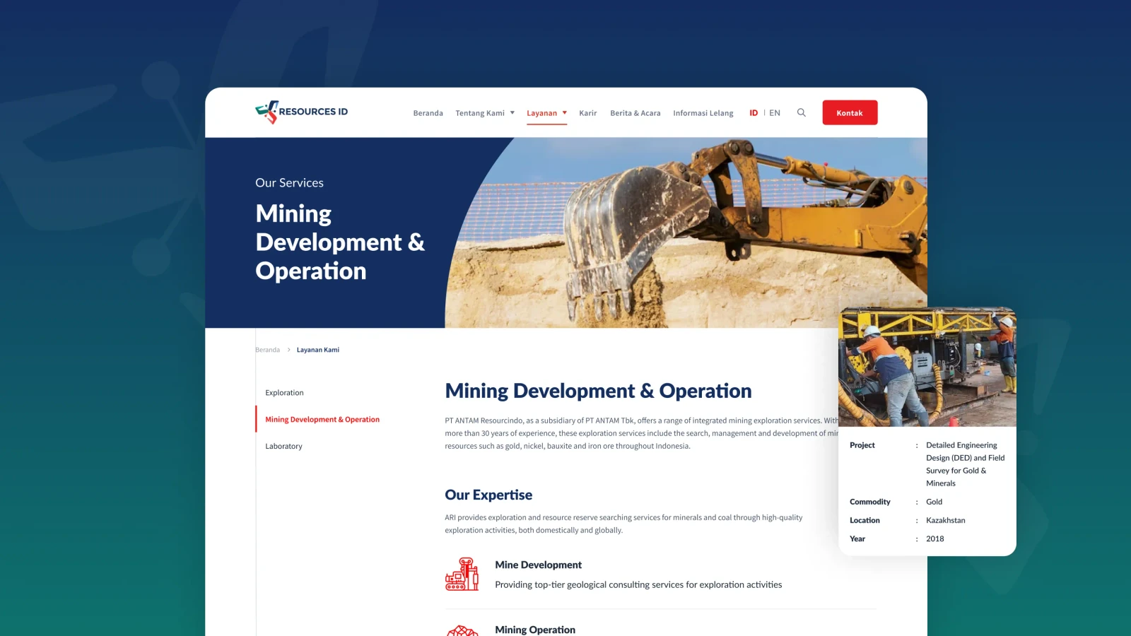 Halaman layanan Mining Development & Operation dengan navigasi samping antar jasa dan kartu rincian proyek