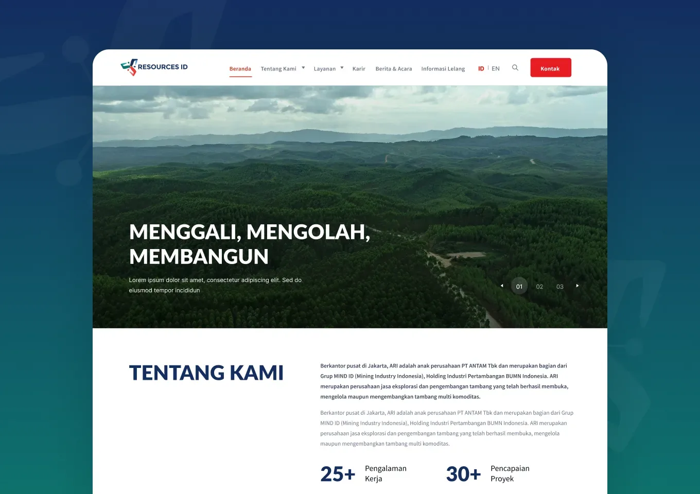 Beranda situs Resources ID dengan hero dan bagian Tentang Kami