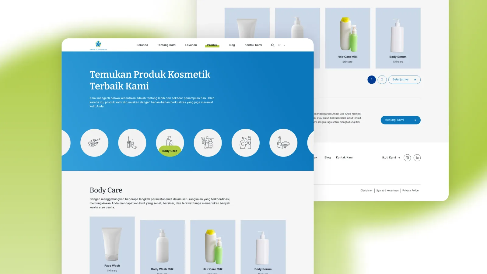 Halaman produk dengan penyaring kategori perawatan dan daftar produk, beserta footer situs