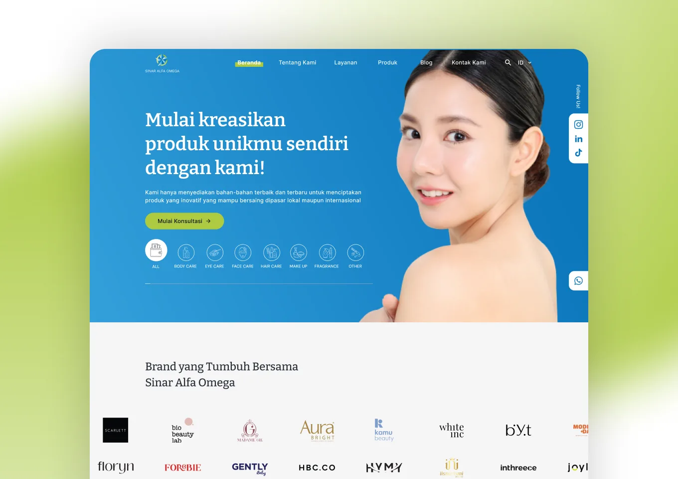 Beranda situs Sinar Alfa Omega dengan hero ajakan membuat produk sendiri dan deretan merek yang sudah diproduksi