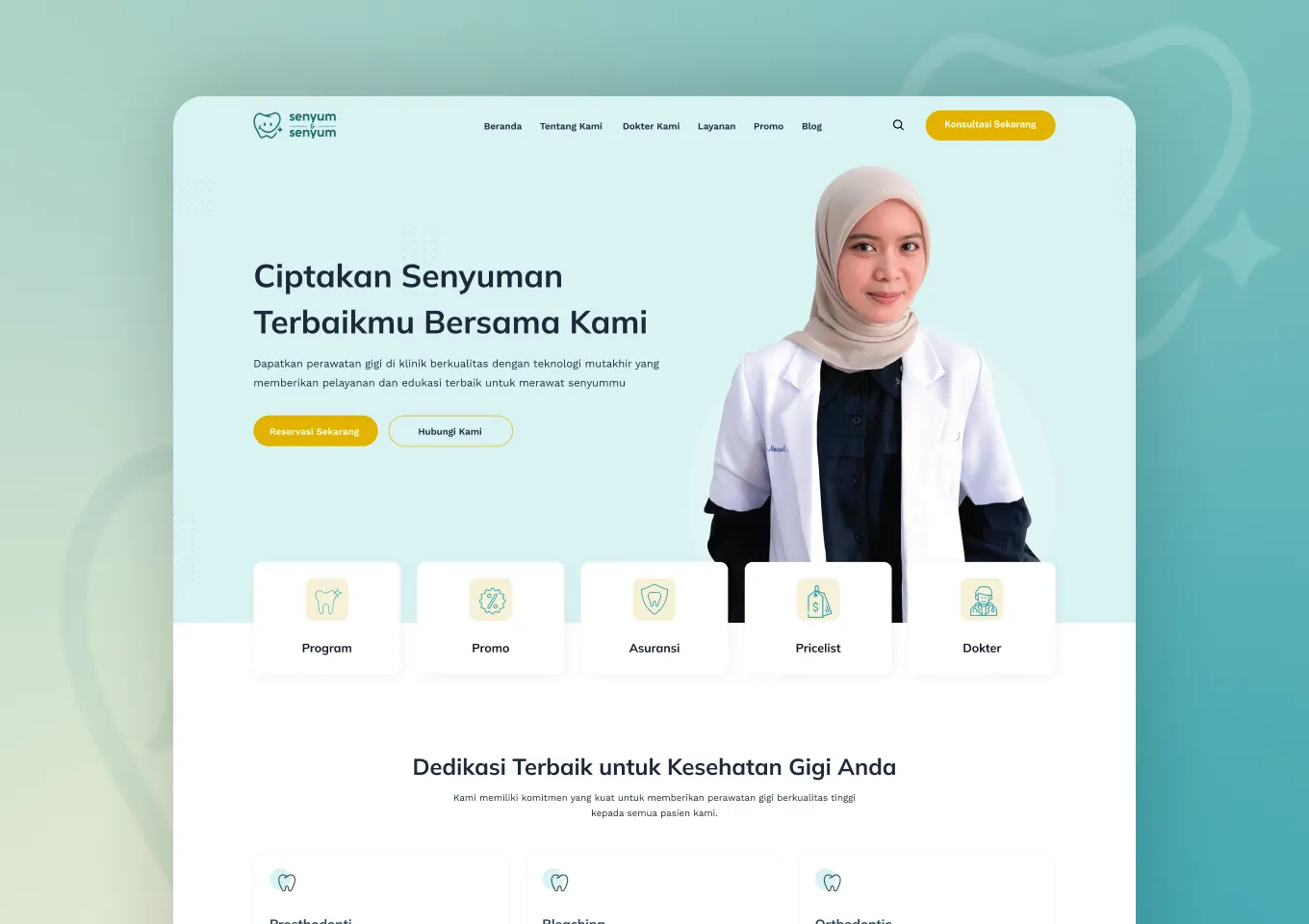 Beranda situs klinik gigi Senyum dan Senyum dengan hero dokter dan lima pintu layanan di bawahnya