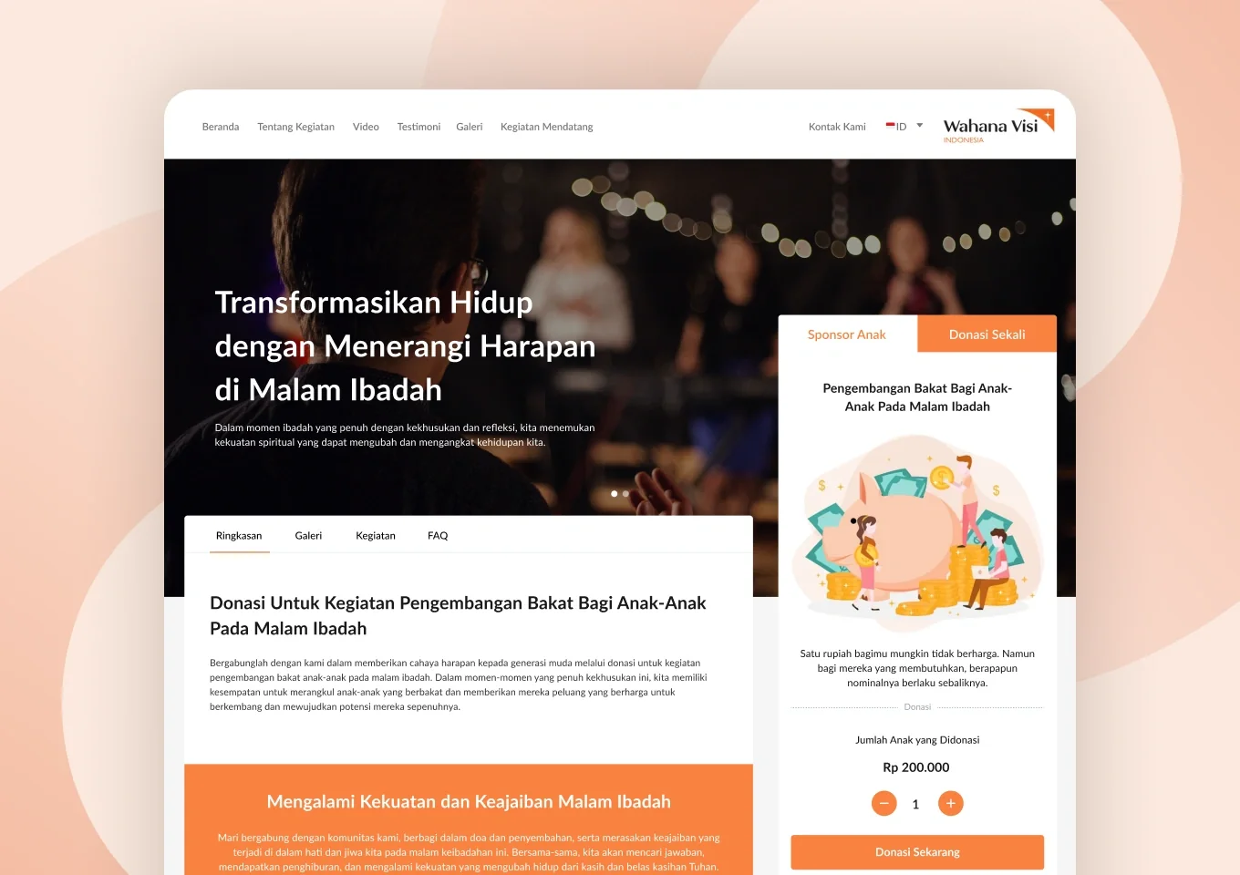 Halaman kampanye Share Hope dengan hero kegiatan ibadah dan panel donasi di sisi kanan