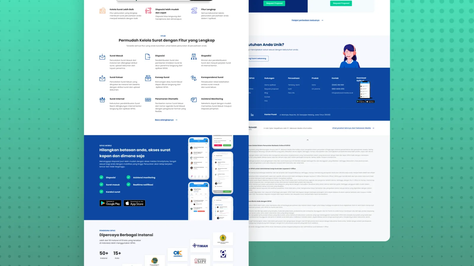 Bagian sembilan fitur aplikasi, blok aplikasi ponsel dengan tautan unduh, dan daftar lembaga pengguna, di sebelahnya perbandingan paket beserta naskah panjang di dasar halaman